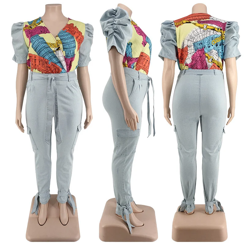 Plus Size Sets Denim Two Piece Set Puff Sleeve Patchwork Crop Top and Jeans Matching Suit Wholesale Item 3xl 4xl 5xl 6xl
