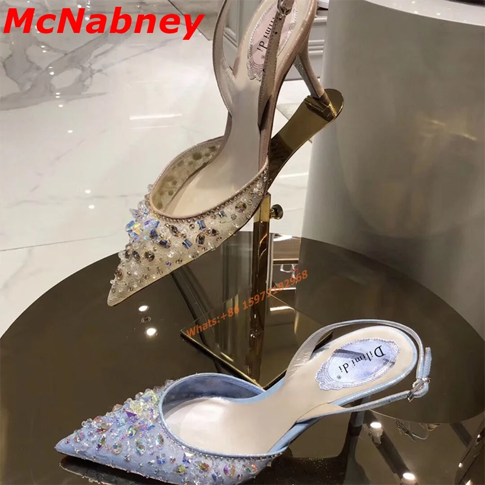 

Pointy Toe Crystals Sandals Slingback Buckles Solid Women Shoes Thin High Heel Hollow Pumps Summer Party Dress Rhinestone Shoes