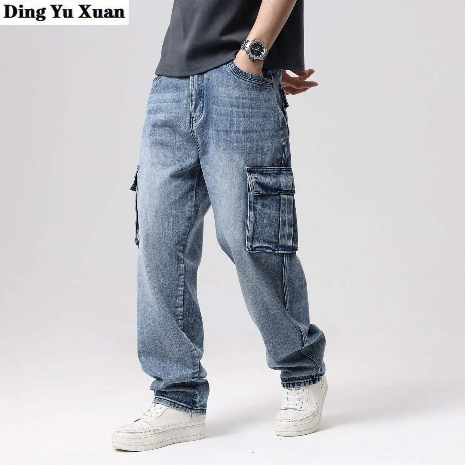 Oversize Straight Black Jeans Mens Streetwear Cotton Denim Pants Fashion Men Elasticity Jeans Wide Leg Pants Blue Loose Trousers