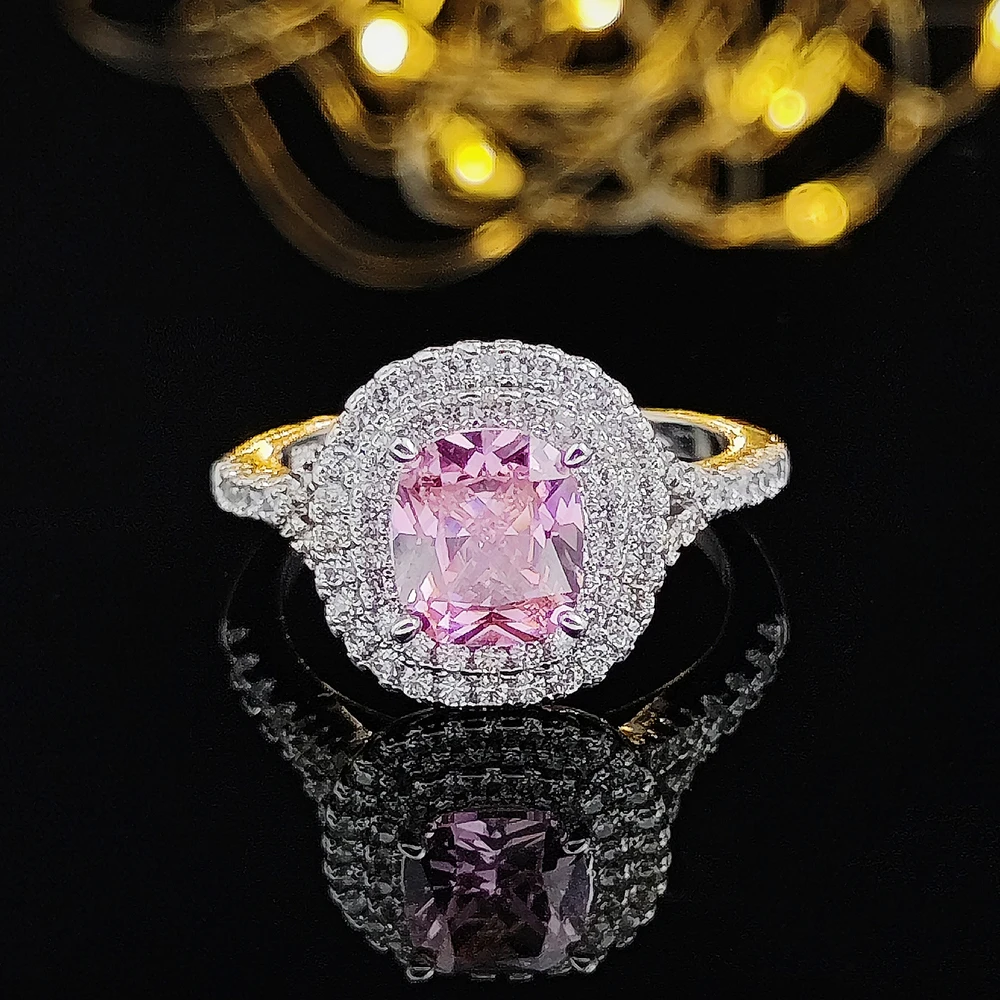 

2022 New Arrivals Pink Yellow Silver Color Cushion Cut Finger Engagement Wedding Rings for Women Fashion Korean Jewelry R5489