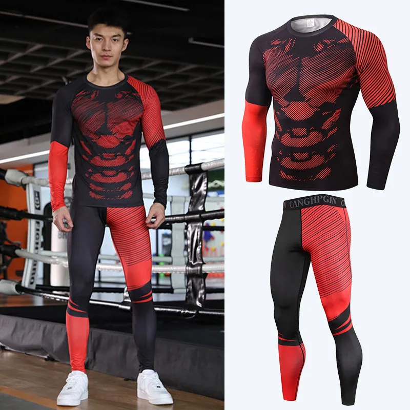 Gym Men Fitness Sportswear Set Compression Running Sport Clothes Tight Sweatpants Sweatshirt UV Sun Protection Rash Guard Lycra