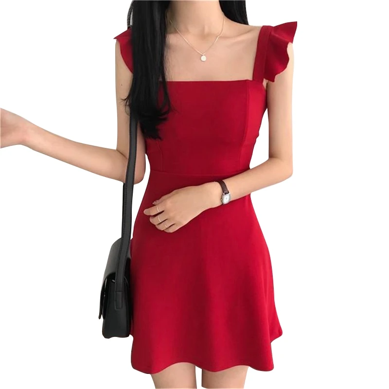 

CPDD Women Square Neck Ruffle Shoulder Sleeveless Mini A-Line Dress Sexy Backless Slim Fit Solid Color Cocktail Party Dresses