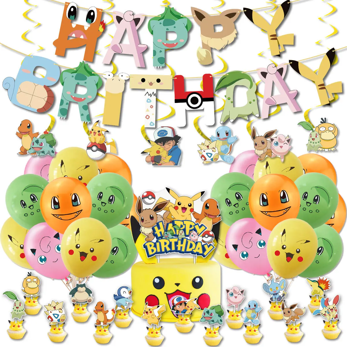 Juego de globos de Pikachuing de dibujos animados de Anime japonés, globos de aluminio de látex, pancarta de feliz cumpleaños, decoración de fiesta de elfos Pokemon, juguetes para niños, 1 Juego