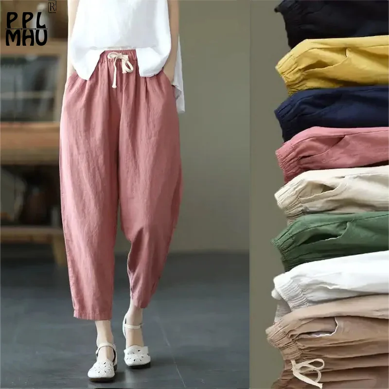 

Vintage Cotton Ramie Fabric Bloomers Women Solid Drawstring Oversize Harem Pants Elastic High Waist Baggy Pantalones Pour Femme