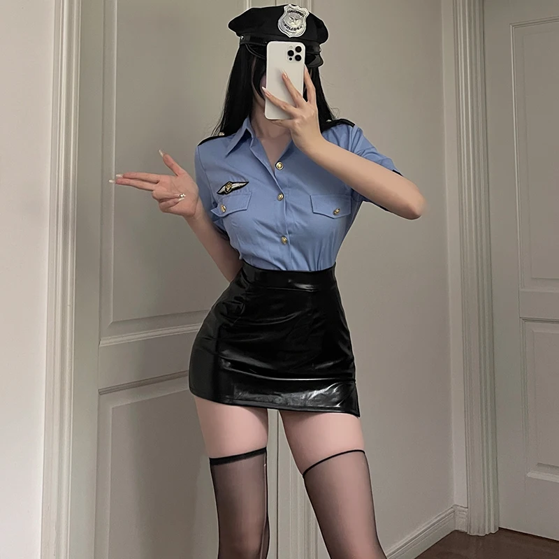 

Blue Sexy Women Police Uniform Adult Clubwear Halloween Carnival Game Party Cosplay Costumes T-shirt+Mini Skirts Lingerie Set