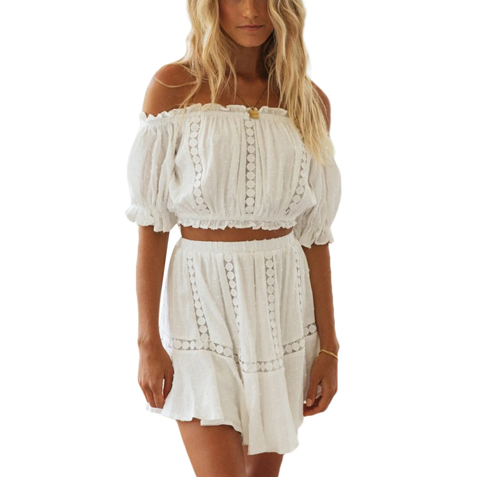 

Springcmy Women Cual Two-Piece Beach Dress Outfits Off Shoulder Crop Top High Waist Ruffle Mini Skirt Set
