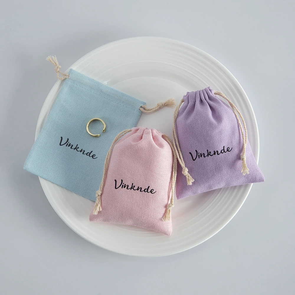 50pcs Linen Cotton Bag Pouches Custom Logo Ring Cosmetics Jewelry Packaging Bags Wedding Party Cute Drawstring Gift Storage Bags