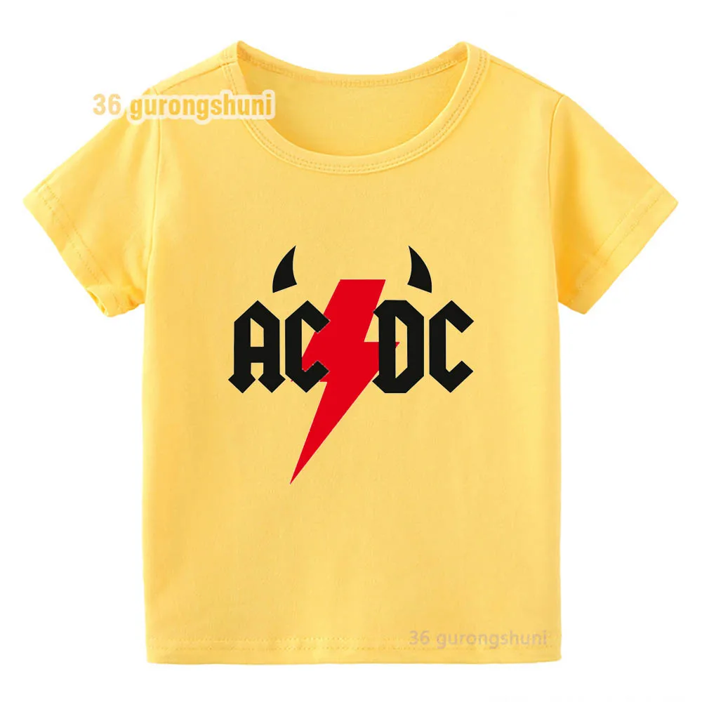 Фото Футболка для мальчиков, одежда ACDC, детская футболка, футболки для маленьких девочек, желтые футболки с графическим рисунком, детская одежда, летняя одежда для мальчиков с коротким рукавом №5