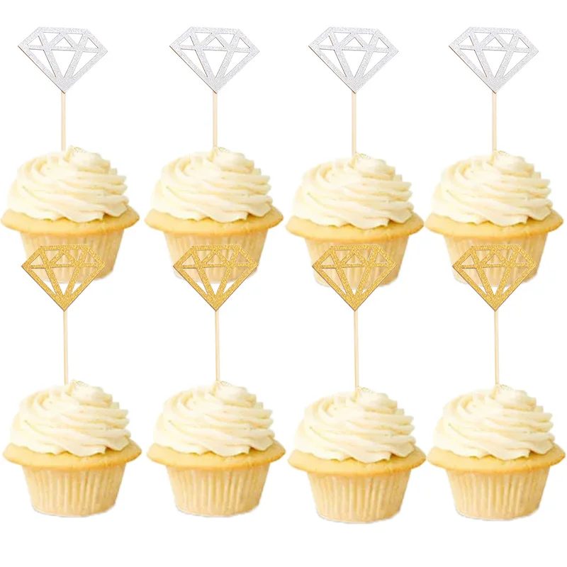 

20Pcs/lot Gold Glitter Diamond Ring Cupcake Toppers Wedding Cake Topper Decor Wedding Ceremony Birthday Party supplie