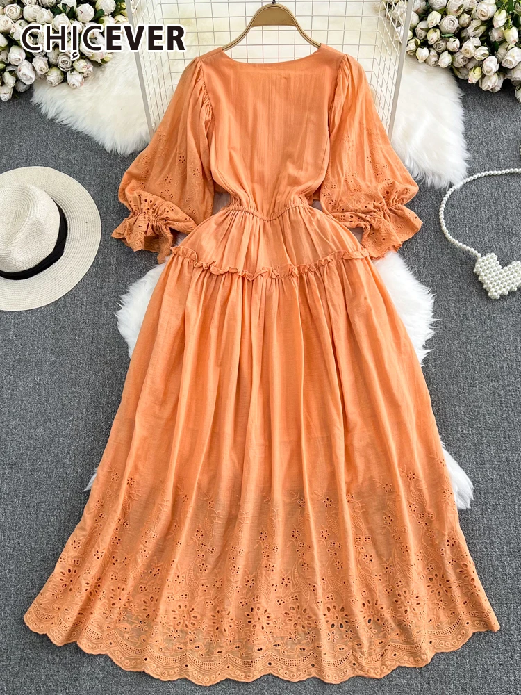 

CHICEVER Hollow Out Dresses For Women Round Neck Lantern Sleeve High Waist Tunic Solid Folds Loose Summer Dress Female 2023 New