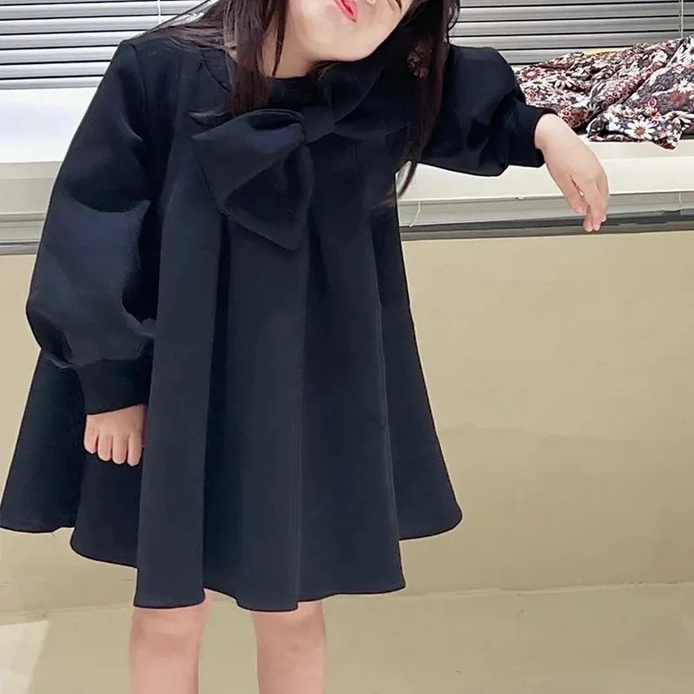 

Детское свободное короткое черное платье с большим бантом для девочек 1-10 лет