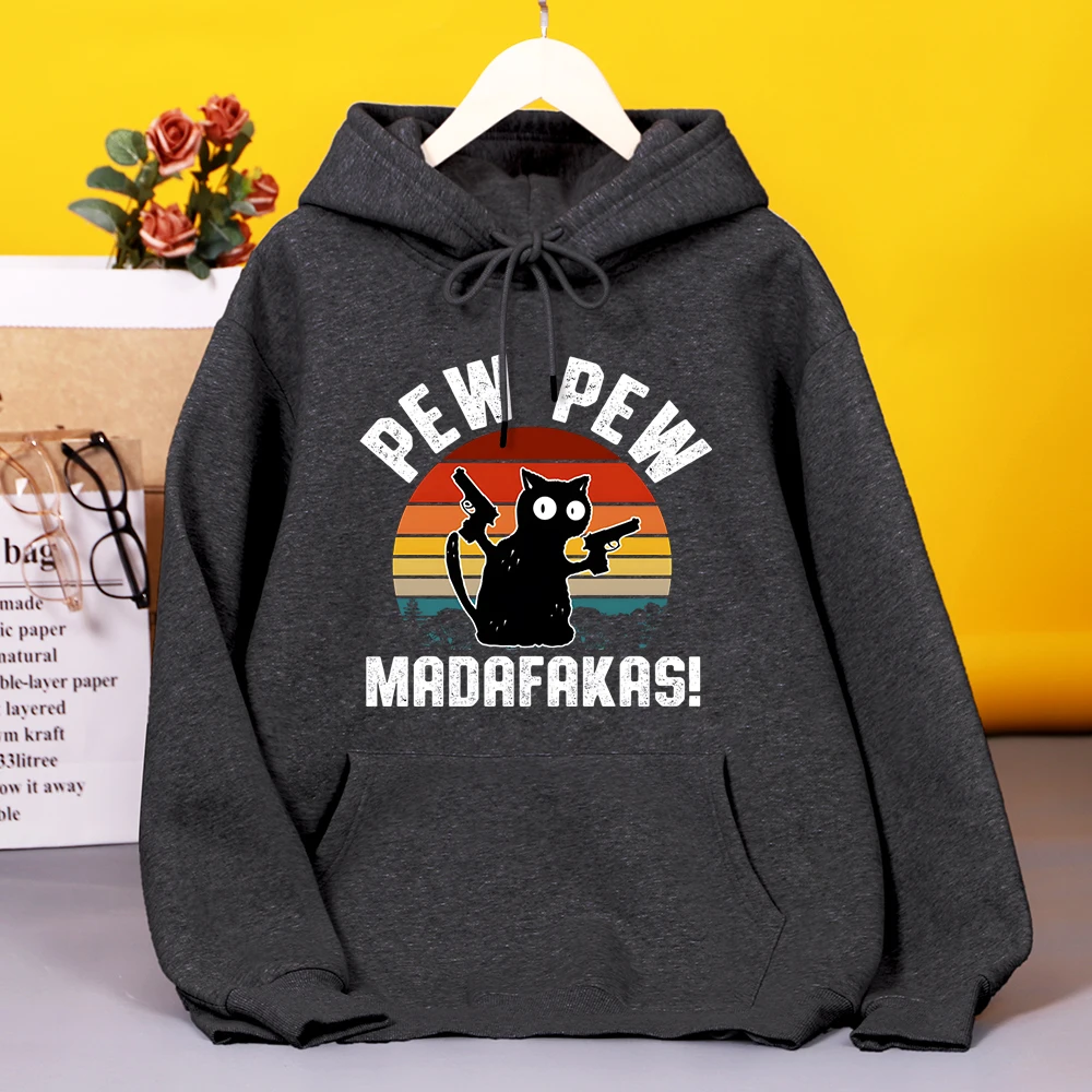 

Pew Pew Madafakas Baby Black Cat With Two Guns Print Womens hoodie Casual Loose Hooded simple Warm Hoodies Street Chic Clothing