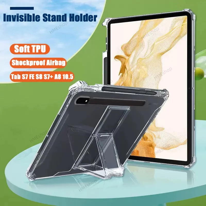 Case with Pencil Holder for Samsung Galaxy Tab S7 FE S8 Plus S7 Ultra S7+A8 10.8 A7 Lite 8.7 Kickstand Transparent Airbag Cover