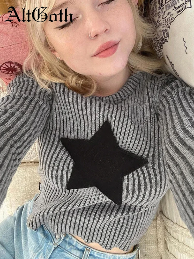 

AltGoth Y2k 90s Sweater Women Streetwear Harajuku Grunge Emo Alt Pentagram Embroidery O-neck Long Sleeve Knitted Crop Tops Femme