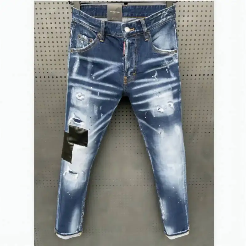 

Frayed Ripped Jeans High Street Motorcycle Denim Fabric Pants dsq062