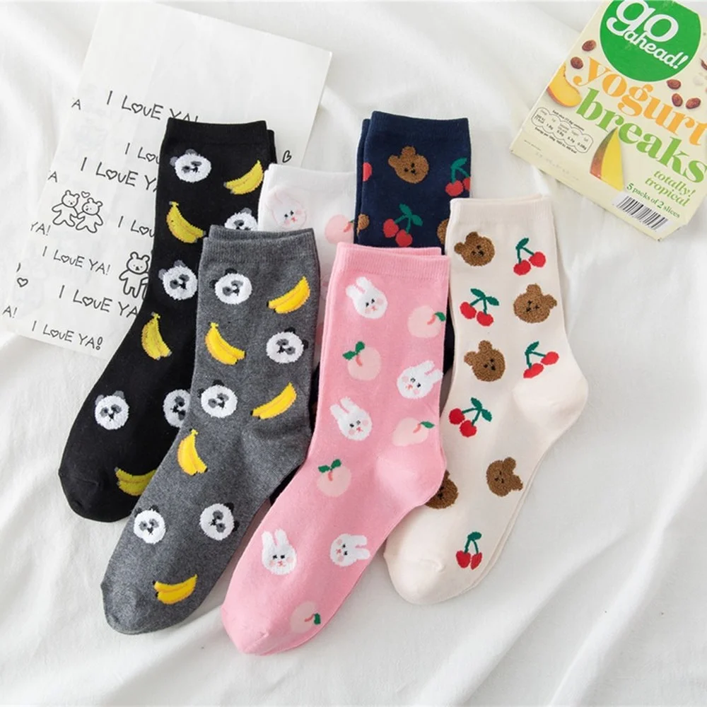 6 Pairs Spring and Summer New Creative Fruit Animal Pattern Women Socks Comfortable Breathable Fahsion Casual Cartoon Socks
