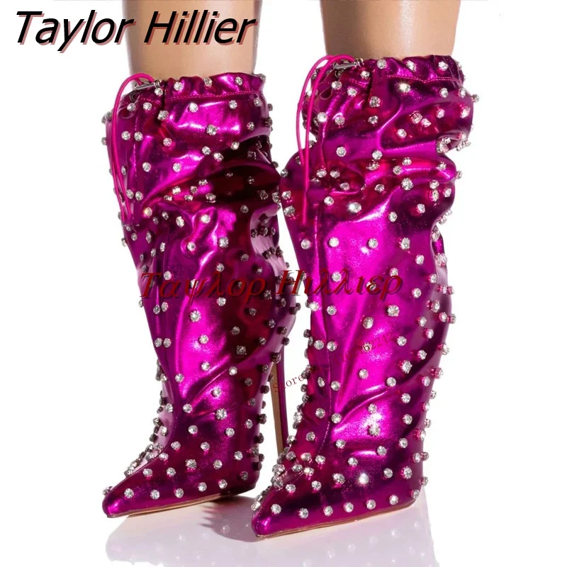 

Spring New Rose Red Rhinestone Mid-Calf Women'S Boots Pointed Toe Stiletto Drawstring Boots Fashion Sexy Party Runway Shoes 46