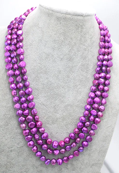 

3rows deep purple freshwater pearl baroque 8-9mm necklace 19-21inch wholesale beads nature