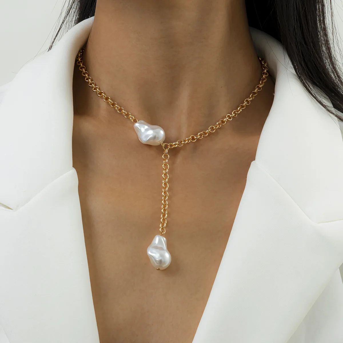 

Ailodo Vintage Pearl Necklace For Women Gold Color Long Chain Party Wedding Statement Necklace Collar Fashion Jewelry Girls Gift