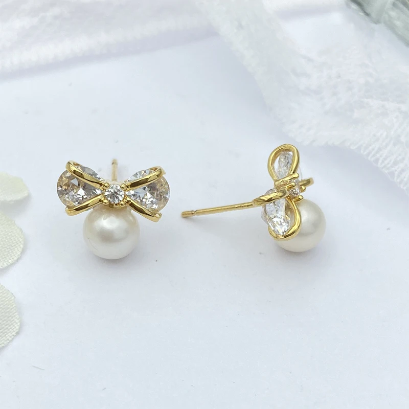 

Pearl Earrings 925 Sterling Silver Zircon Pearl Bow Flower Stud Earrings for Women Girls Fashion Elegant Charm Jewelry Birthday