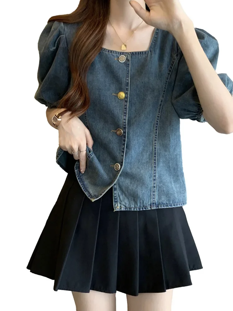 Женская джинсовая рубашка с коротким рукавом кардиган квадратным вырезом