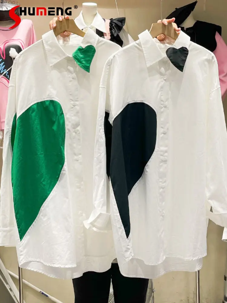 

French Women's Love Stitching Long Sleeve Mid-Length Shirts 2022 Autumn and Winter Loose Asymmetric Collar Tops Blusas Femininas