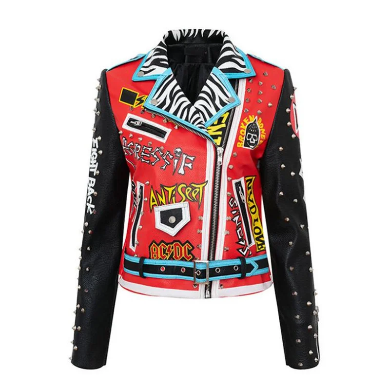 New motorcycle leather jacket women coats spring autumn street short coats slim long sleeve graffiti red black manteau femme