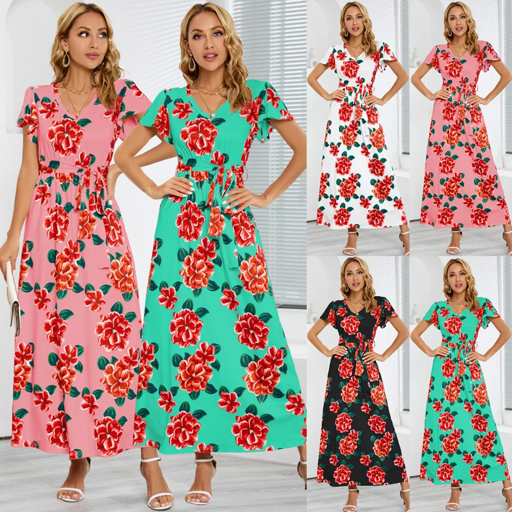 

2023 elegant dressFashion slim temperament short sleeve V-neck rose print dress summer women's large dress