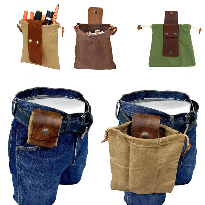 

Leather and Canvas Bushcraft Bag, Canvas Foraging Pouch for Hiking, Treasures & Seashells, Easy Looping Around Belts Purses