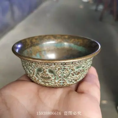 

Exquisite Antique Pure Brass Green Rust Babao Bowl and Cup Ornament