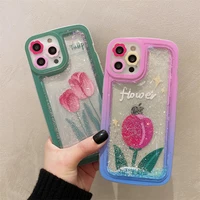 vintage tulip flower shining glitter case for iphone 13 11 12 pro max xs xr x 8 7 plus clear bumper quicksand bling back cover