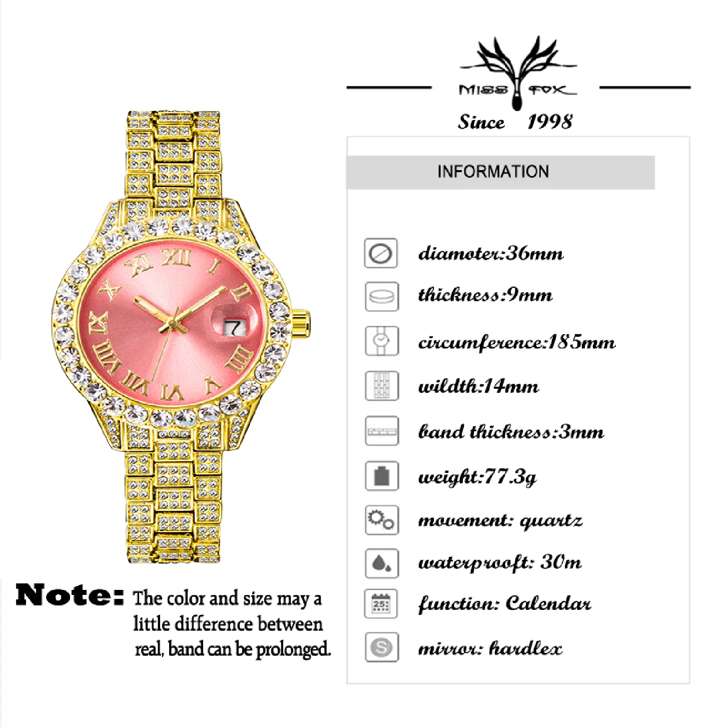MISSFOX Big Diamond Woman Watches Pink Mother-of-pearl Dial Gold Watch Women Luxury Quartz Round Iced Out Small Wristwatch Lady enlarge