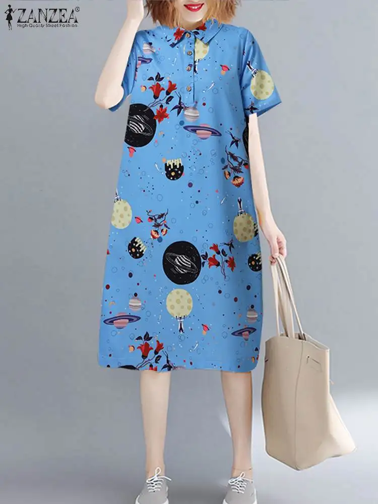 

Платье ZANZEA женское с принтом, повседневный свободный Сарафан до колен, с коротким рукавом, в ретро стиле, на лето