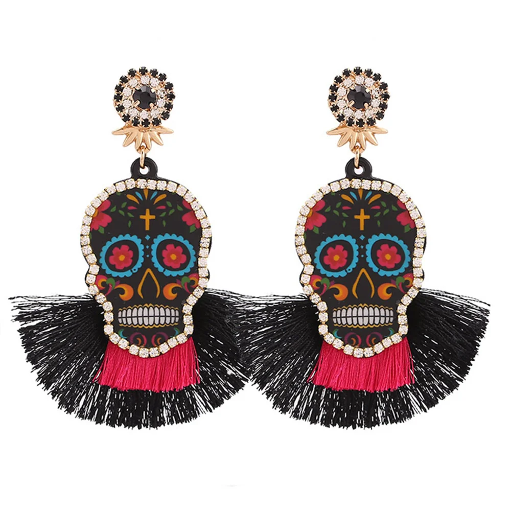 

Fashion Dangle Tassel Earrings Skull Pendant Women Multicolored Fringe Drop Earrings Wedding Party Gifts Exaggeration