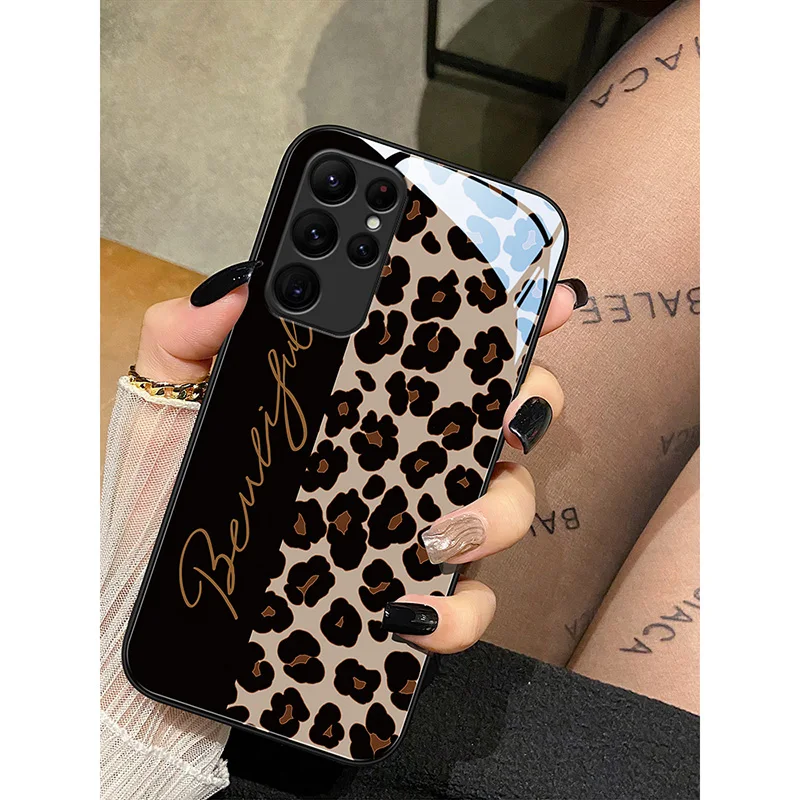 Fashion Smiley Tempered Glass Case for Samsung Galaxy S22 Ultra S21 S20 FE S10 S9 S8 Plus Note 20 10 9 8 Leopard Pattern Cover