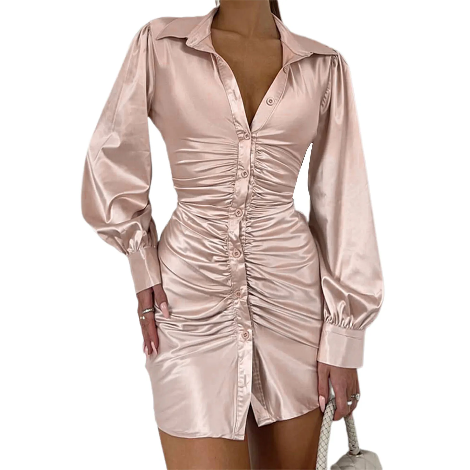 

Women\\u2019s Casual Long Sleeve Skinny Dress Fashion Solid Color Backless Button Short Dress