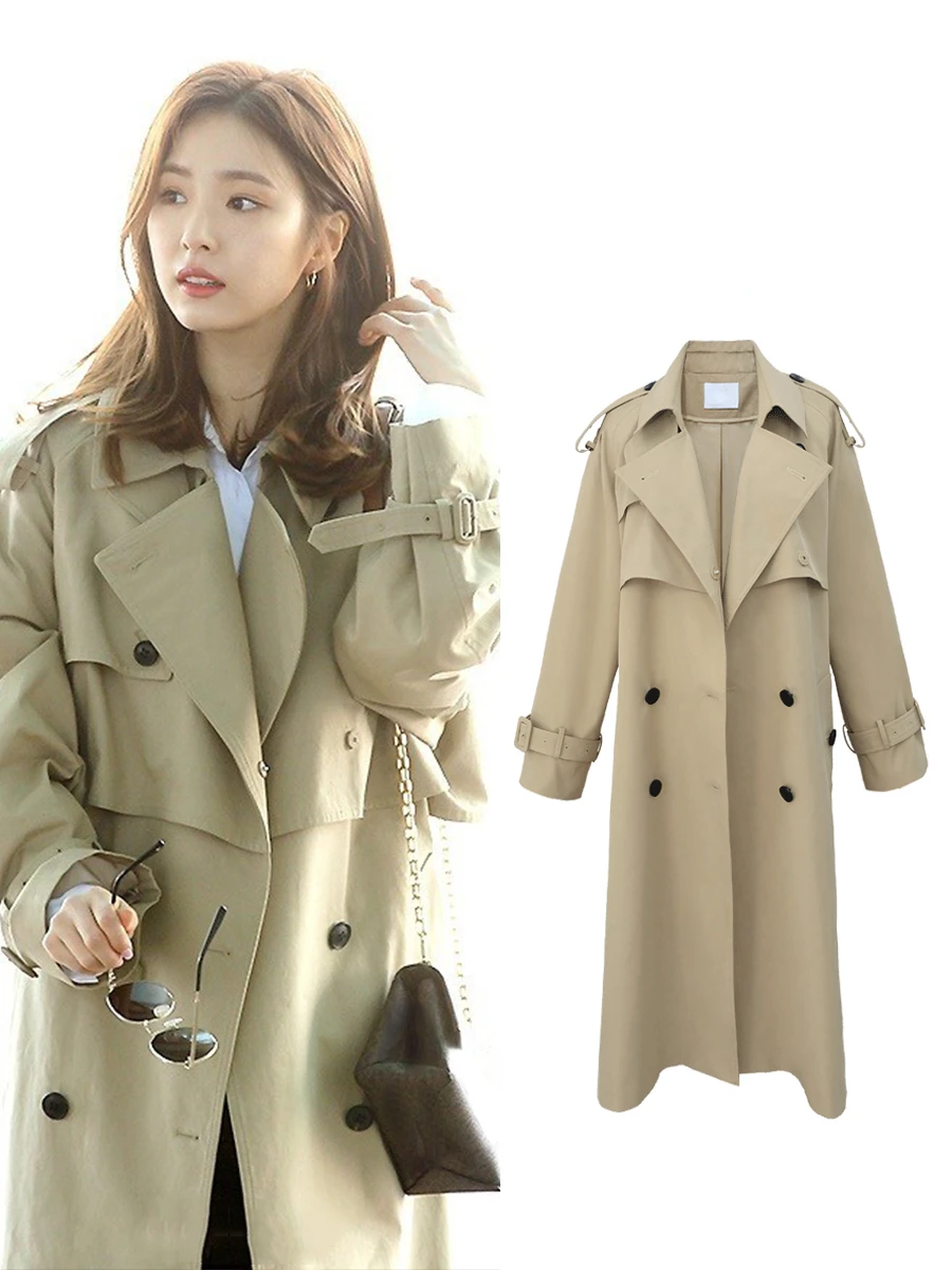 Kpop Korean Spring Autumn Warm Female Long Trench Coats Fashion Streetwear Style Loose Casual 2022 Women's Windbreaker Outerwear