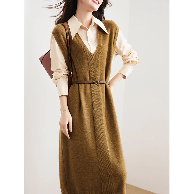 

New Fashion 2022 Autumn and Spring Women's Suspenders Sleeveless Dress Belt Pure Color Straight Warm Elegant Office Ladies