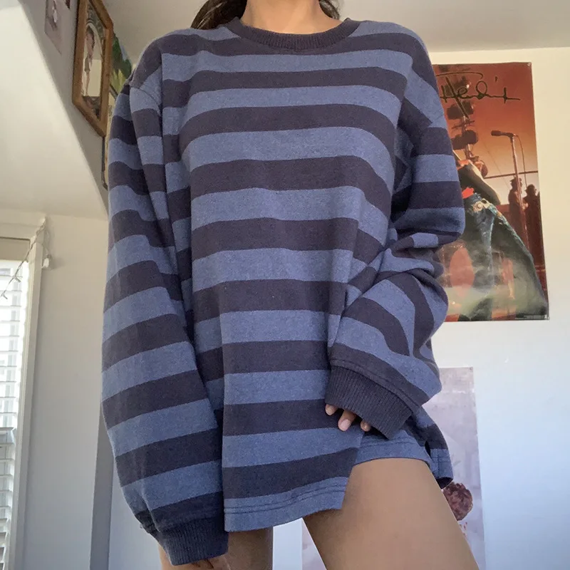 

Vintage Striped Crewneck Oversized Sweatshirts Women 2022 Autumn Harajuku Long Sleeve Pullover Top Y2k Grunge Clothes Sweatshirt