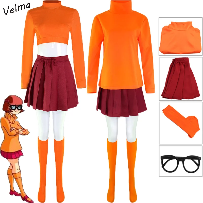 Костюм для косплея Velma из фильма униформа взрослых женщин юбка носки очки полный