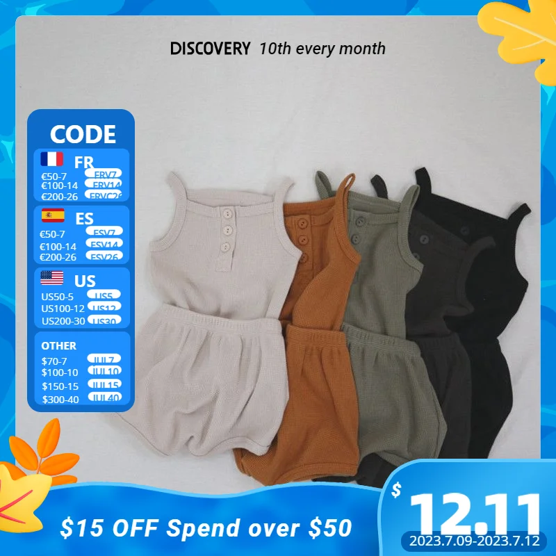 

2023 New Pajamas For Children Clothing Sets Baby Summer Thin Knit Halter Home Wear Boys And Girls Pure Color Cotton Sleepwear