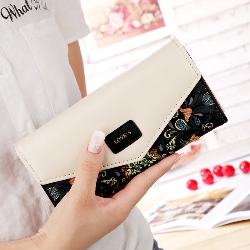 Cross-border Korean version of foreign trade small floral rhombic contrast envelope buckle ladies purse long purse with foreskin