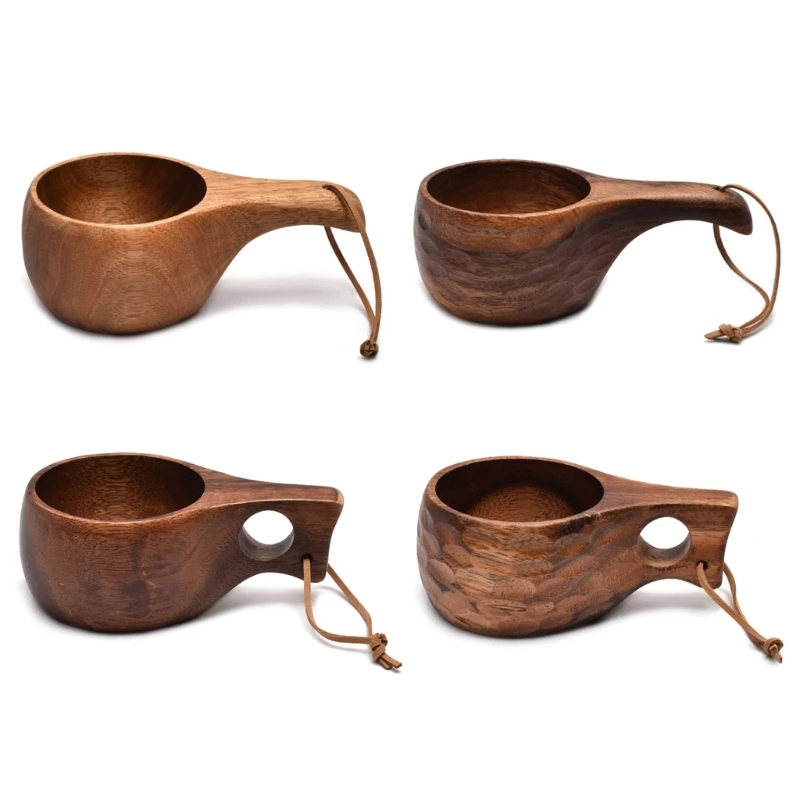 

Finland Kuksa Portable Coffee Mug Acacia-Wood Handle Cowhide Rope Hook Juice Cup Dropship