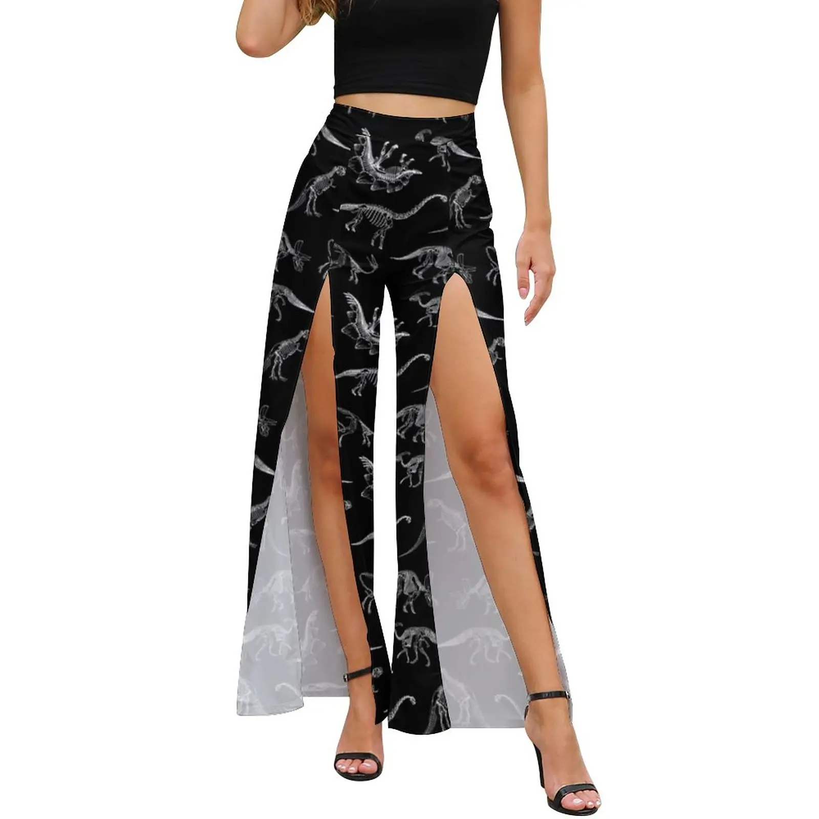 

Dinosaur Skeleton Pants Summer High Waist Jurassic World Skeletons Casual Wide Pants Female Slit Streetwear Printed Trousers