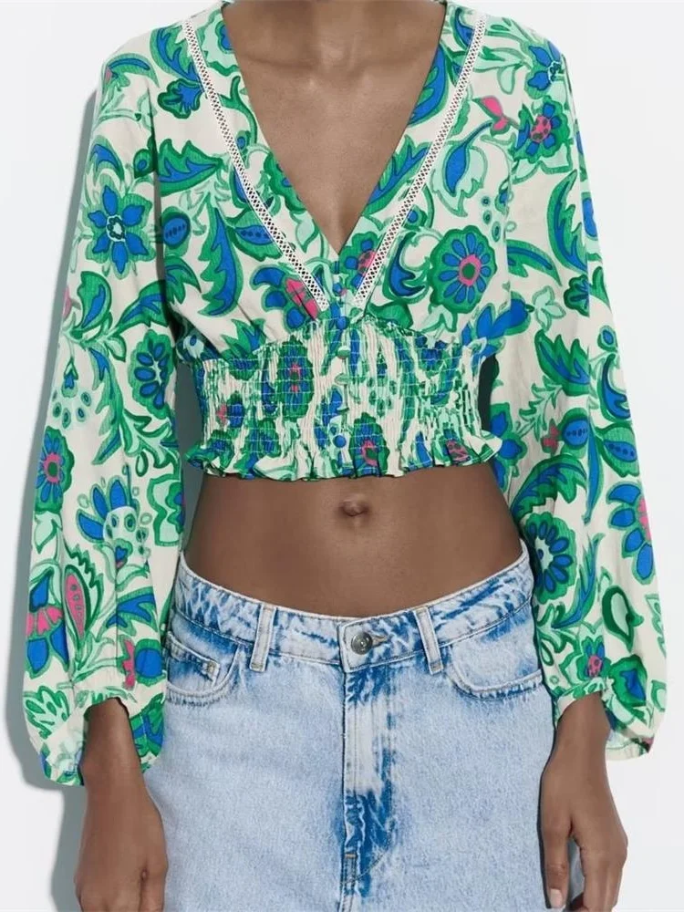 

ZXQJ 2023 Модные женские укороченные рубашки с кружевом и цветочным принтом, винтажные женские блузки с длинным рукавом и дымчатым подолом, блузы, шикарные топы