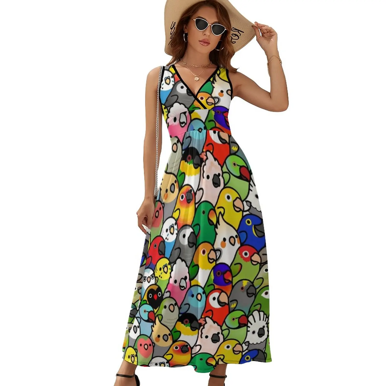 

Colorful Birds Print Dress Cute Cockatiel Kawaii Maxi Dress Aesthetic Bohemia Long Dresses High Waist Graphic Oversized Clothing