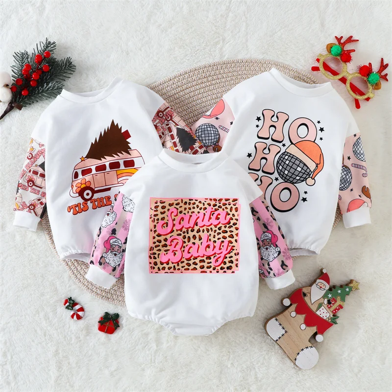 

Christmas Baby Boys Girls Clothes Romper Long sleeve Bodysuits Cotton Leopard Splicing Festival Baby Pullover Baby Jumpsuit