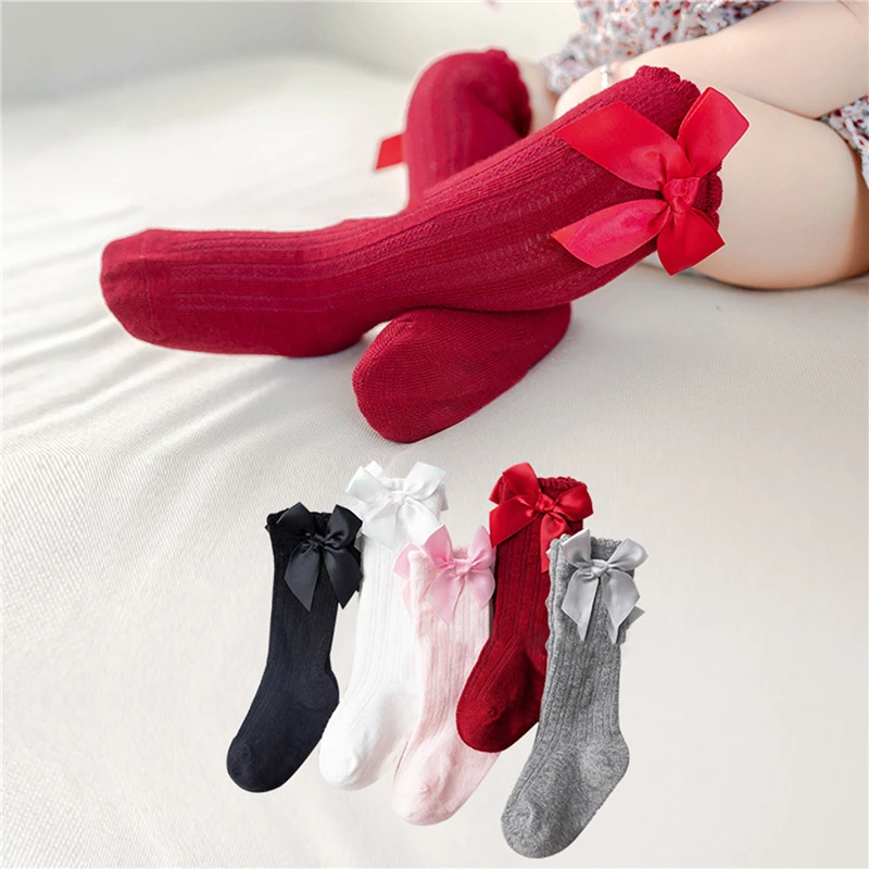 

Baby Little Girls Breathable Socks Cute Bowknot Knee High Children Tube Socks Fashion Bows Solid Color Kids Socks 2023