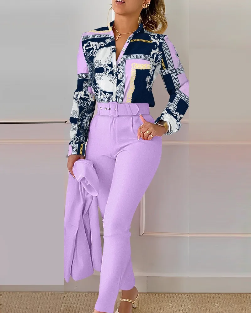 

Women Shirt Pants Set Elegant Fashion V Neck Floral Print Long Sleeve High Waist Two Piece Set Office Lady Casual Trousers Suits