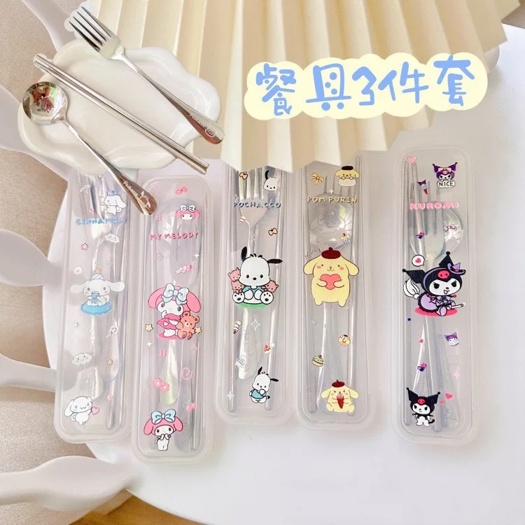 Sanrio kuromi Children's Knife Fork and Spoon Set - Cartoony Portable Utensils for School Cafeteria or Restaurant Use